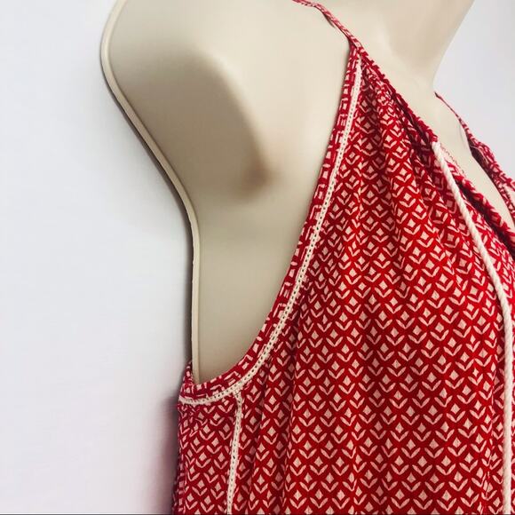 Joe Fresh Red White Tribal Print Boho Style Racerback Top Tassel Front TIe - Picture 7 of 16